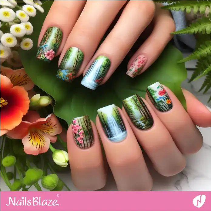 Serene Forest Nail Art with Waterfall and Flowers | Love the Forest Nails - NB2857